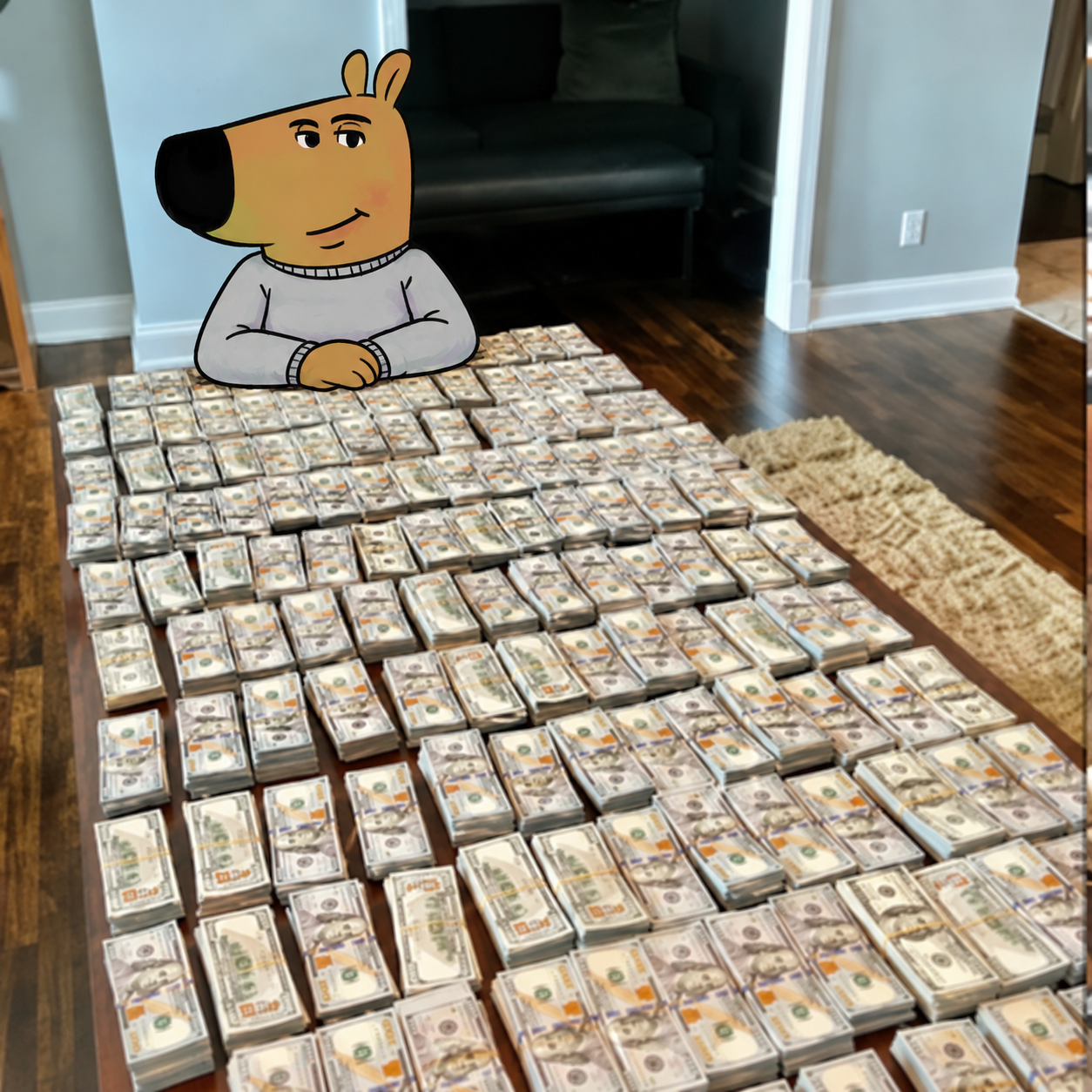 Kimchill guy calmly sitting behind a table covered with stacks of cash